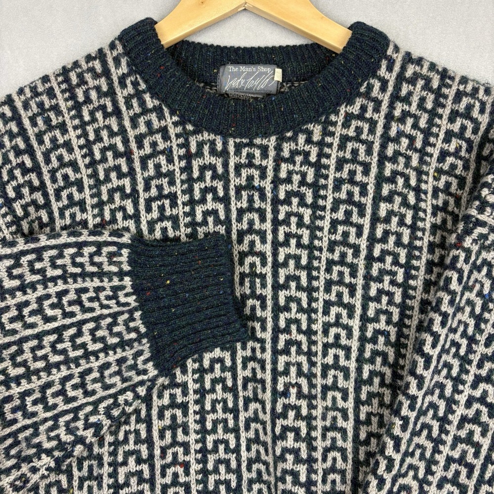 Vintage Chunky Knit Wool Sweater Men’s XL Blue White Donegal Speckled Made In UK